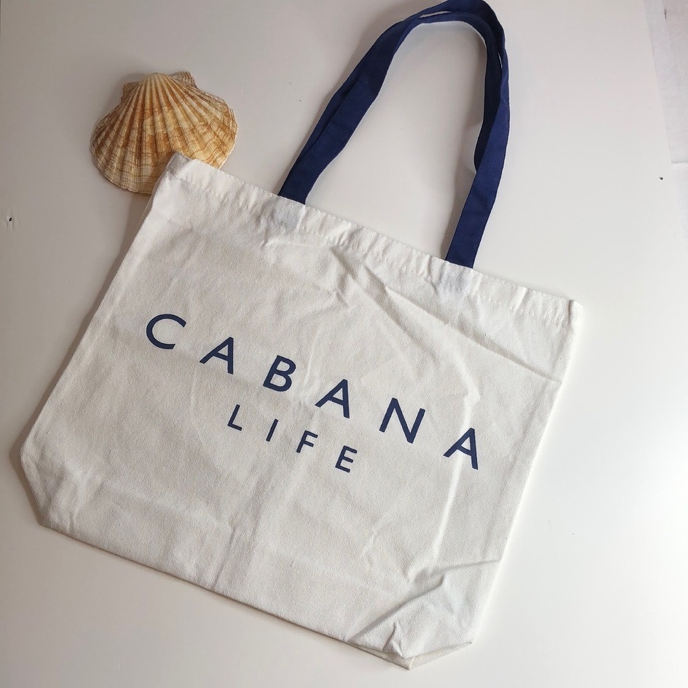 NEW CABANA LIFE Classic White Canvas Tote Bag Navy Straps Printed Logo NWOT